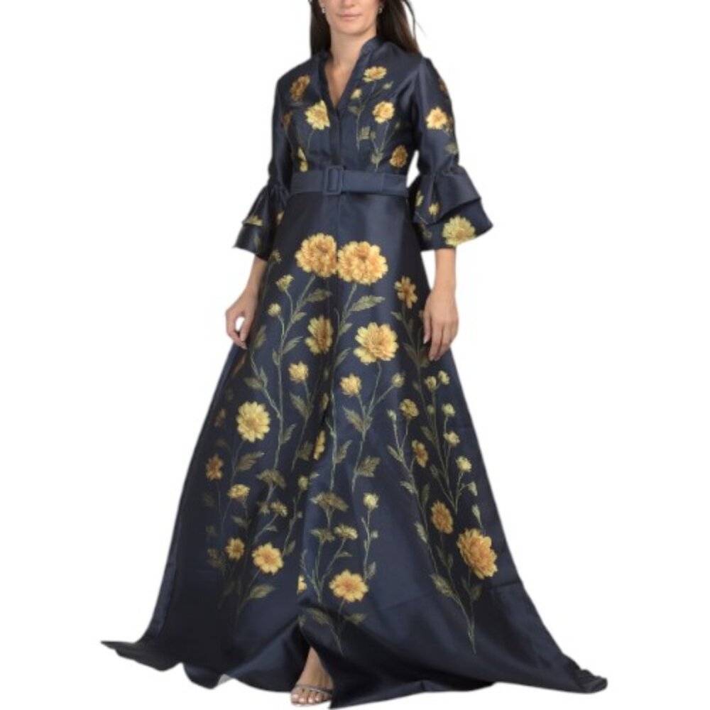 RENE BY RENE RUIZ Bell Sleeve Floral Print Mikado Gown